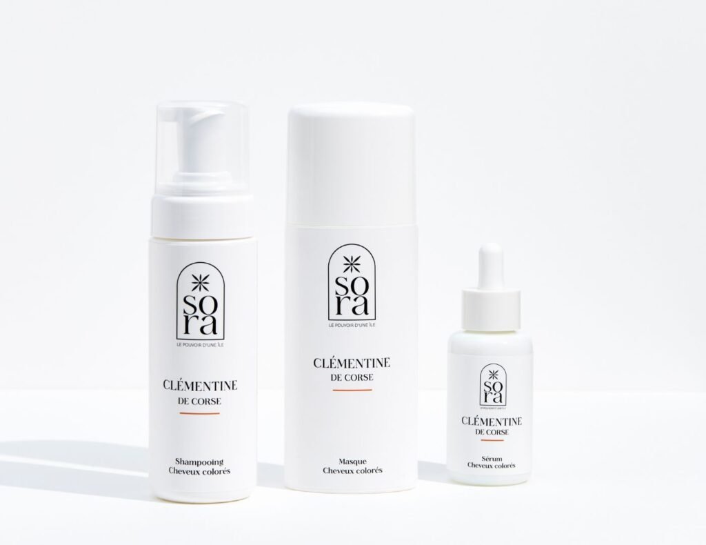 soin capillaire naturel SORA à la clémentine corse pour cheveux éclatants et cuir chevelu sain.